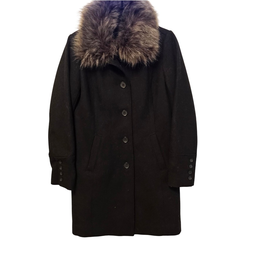 Banana Republic Black Wool Blend Coat Removable Faux Fur Collar Womens Small EUC